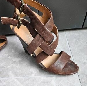 Nine West Brown Leather Strappy Wedge Heels Sandals 7.5